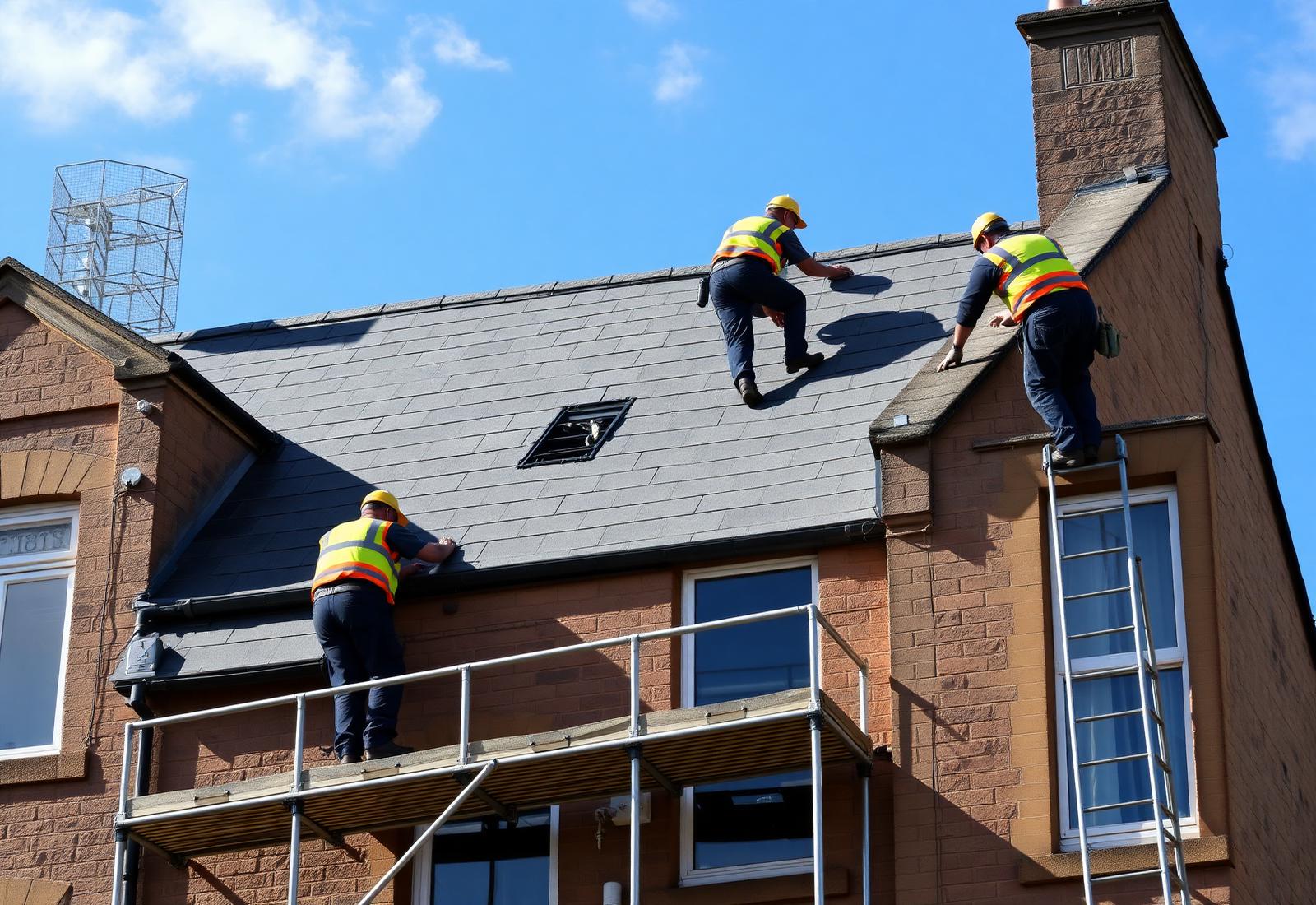Scotsway Roofing team fitting a new slate roof in Glasgow